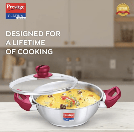 Prestige Platina Popular Stainless Steel Gas and Induction Compatible Kadai with Glass Lid, 200 mm - Image 2